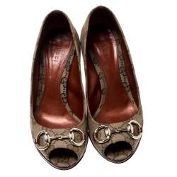 Pre Owned Gucci Beige GG Canvas And Leather New Hollywood Horsebit Peep Toe Pumps Size 35