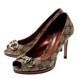Pre Owned Gucci Beige GG Canvas And Leather New Hollywood Horsebit Peep Toe Pumps Size 35