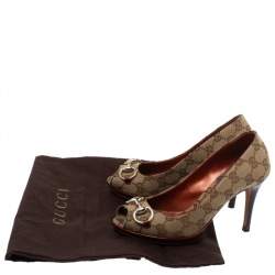 Pre Owned Gucci Beige GG Canvas And Leather New Hollywood Horsebit Peep Toe Pumps Size 35