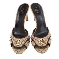 Pre Owned Gucci Beige Diamante Canvas GG Slip On Sandals Size 38