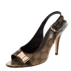 Gucci Beige/Brown GG Crystal Canvas And Leather Bow Peep Toe Slingback Sandals Size 39