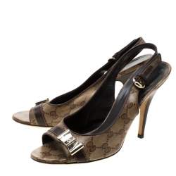 Pre Owned Gucci Beige/Brown GG Crystal Canvas And Leather Bow Peep Toe Slingback Sandals Size 39