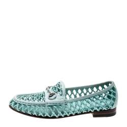 Pre Owned Gucci Blue Woven Leather Horsebit Slip On Loafers Size 37.5