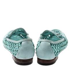 Pre Owned Gucci Blue Woven Leather Horsebit Slip On Loafers Size 37.5