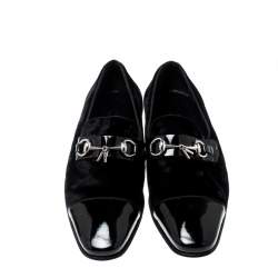 Pre Owned Gucci Black Patent Leather And Velvet Horsebit Loafers 40.5