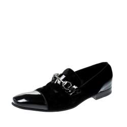 Pre Owned Gucci Black Patent Leather And Velvet Horsebit Loafers 40.5