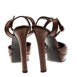 Pre Owned Gucci Brown Lizard Leather Platform Ankle Strap Sandals Size 36.5