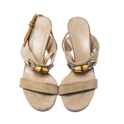 مملوكة مسبقًا Gucci Beige Canvas Bamboo Horsebit Slingback Sandals Size 40