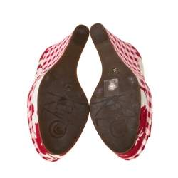 Kenzo Red/White Printed Canvas Peep Toe Checkered Wedge Pumps Size 36