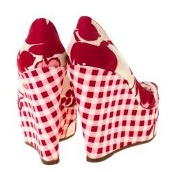 Kenzo Red/White Printed Canvas Peep Toe Checkered Wedge Pumps Size 36