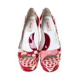 Kenzo Red/White Printed Canvas Peep Toe Checkered Wedge Pumps Size 36