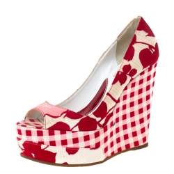 Kenzo Red/White Printed Canvas Peep Toe Checkered Wedge Pumps Size 36