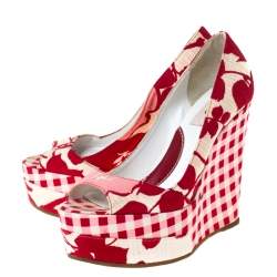 Kenzo Red/White Printed Canvas Peep Toe Checkered Wedge Pumps Size 36