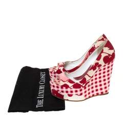 Kenzo Red/White Printed Canvas Peep Toe Checkered Wedge Pumps Size 36