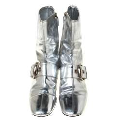 Pre Owned Gucci Metallic Silver Leather Buckle Detail Ankle Boots Size 37