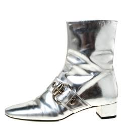 Pre Owned Gucci Metallic Silver Leather Buckle Detail Ankle Boots Size 37