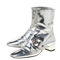 Pre Owned Gucci Metallic Silver Leather Buckle Detail Ankle Boots Size 37