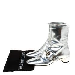 Pre Owned Gucci Metallic Silver Leather Buckle Detail Ankle Boots Size 37