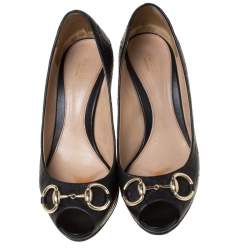 Pre Owned Gucci Black Guccissima Leather New Hollywood Horsebit Peep Toe Pumps Size 37