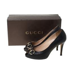 Pre Owned Gucci Black Guccissima Leather New Hollywood Horsebit Peep Toe Pumps Size 37