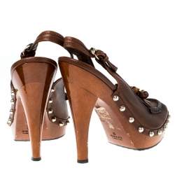 Pre Owned Gucci Brown Leather Tassel Loafer Slingback Clogs Size 38.5