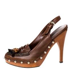 Pre Owned Gucci Brown Leather Tassel Loafer Slingback Clogs Size 38.5