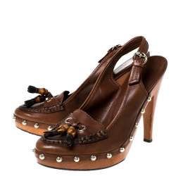 Pre Owned Gucci Brown Leather Tassel Loafer Slingback Clogs Size 38.5