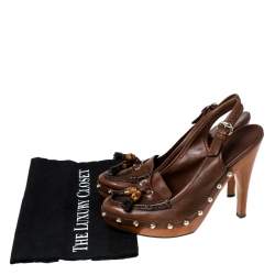 Pre Owned Gucci Brown Leather Tassel Loafer Slingback Clogs Size 38.5