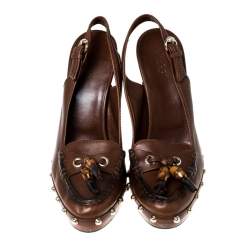 Pre Owned Gucci Brown Leather Tassel Loafer Slingback Clogs Size 38.5