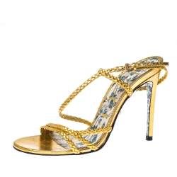 Pre Owned Gucci Metallic Gold Leather Haines Braided Slingback Sandals Size 37