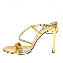 Pre Owned Gucci Metallic Gold Leather Haines Braided Slingback Sandals Size 37