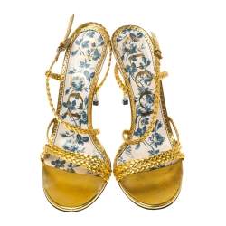 Pre Owned Gucci Metallic Gold Leather Haines Braided Slingback Sandals Size 37