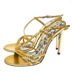 Pre Owned Gucci Metallic Gold Leather Haines Braided Slingback Sandals Size 37