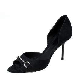 مملوكة مسبقًا Gucci Black Canvas Horsebit D'Orsay Peep Toe Pumps Size 38.5