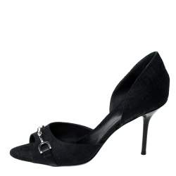 مملوكة مسبقًا Gucci Black Canvas Horsebit D'Orsay Peep Toe Pumps Size 38.5