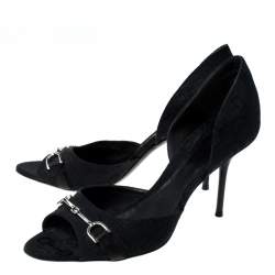 مملوكة مسبقًا Gucci Black Canvas Horsebit D'Orsay Peep Toe Pumps Size 38.5