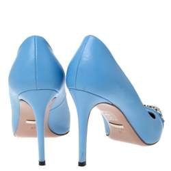 Pre Owned Gucci Light Blue Leather Coline Studded Pointed Pumps Size 37