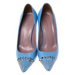 Pre Owned Gucci Light Blue Leather Coline Studded Pointed Pumps Size 37