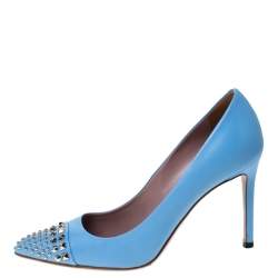 Pre Owned Gucci Light Blue Leather Coline Studded Pointed Pumps Size 37