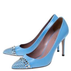 Pre Owned Gucci Light Blue Leather Coline Studded Pointed Pumps Size 37