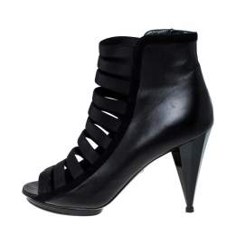 Pre Owned Gucci Black Leather Cut Out Ankle Booties Size 41