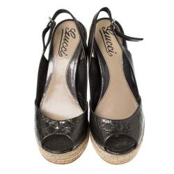 Pre Owned Gucci Metallic Grey GG Patent Leather Slingback Wedges Platform Sandals Size 36