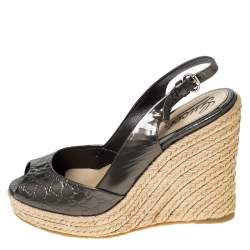 Pre Owned Gucci Metallic Grey GG Patent Leather Slingback Wedges Platform Sandals Size 36