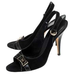 Gucci Black Suede And Leather Gold Bow Embellished Slingback Sandals Size 40.5