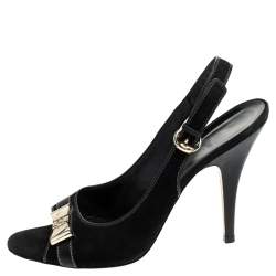 Gucci Black Suede And Leather Gold Bow Embellished Slingback Sandals Size 40.5