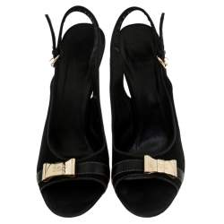 Gucci Black Suede And Leather Gold Bow Embellished Slingback Sandals Size 40.5