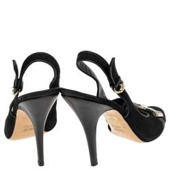 Gucci Black Suede And Leather Gold Bow Embellished Slingback Sandals Size 40.5