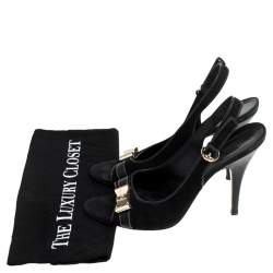 Gucci Black Suede And Leather Gold Bow Embellished Slingback Sandals Size 40.5