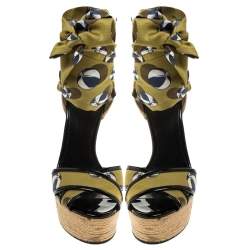 Pre Owned Gucci Multicolor Silk And Jute Scarf Ankle Wrap Wedge Size 36.5