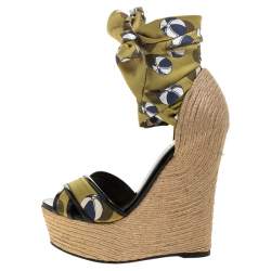 Pre Owned Gucci Multicolor Silk And Jute Scarf Ankle Wrap Wedge Size 36.5